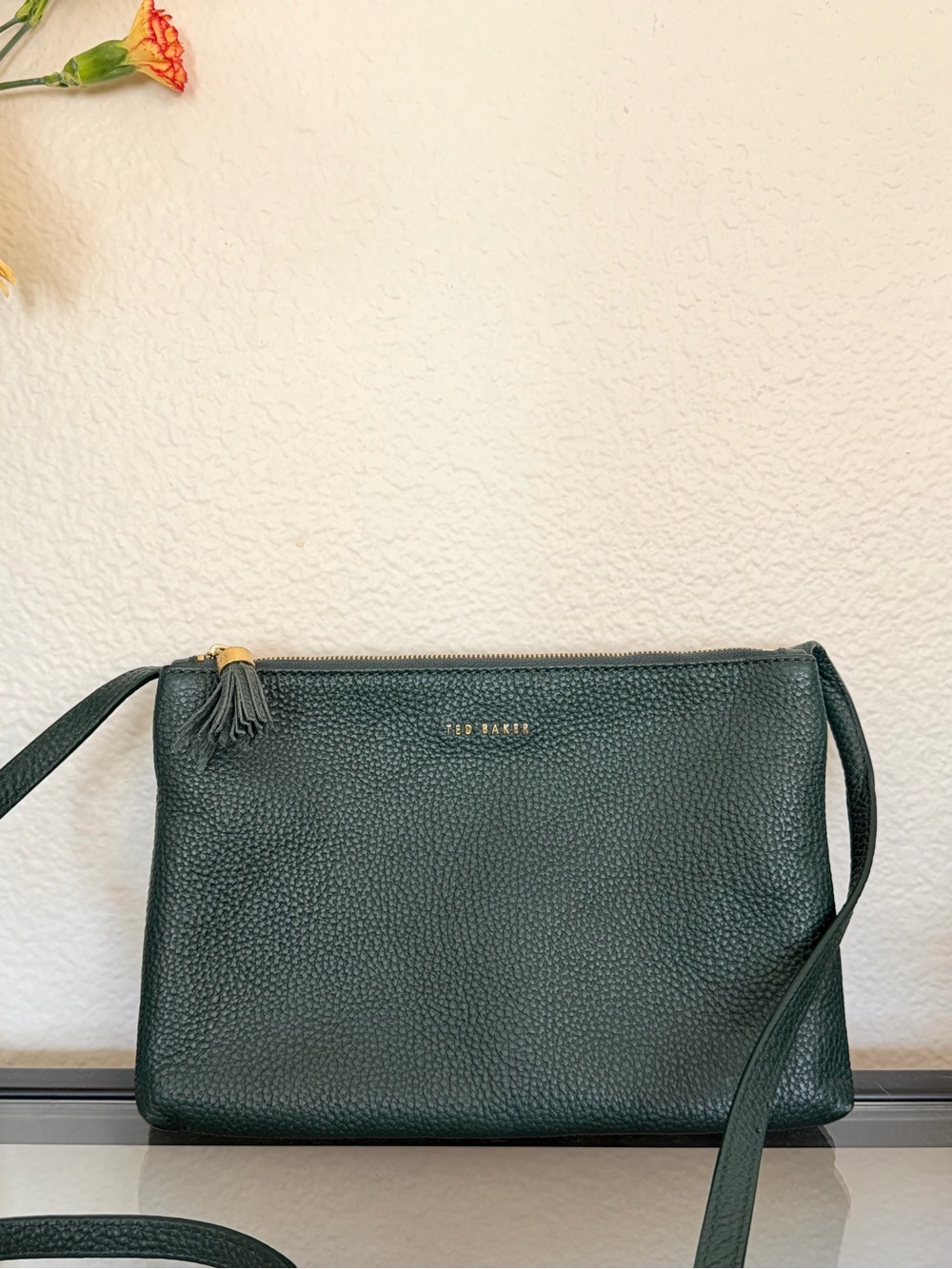 Ted Baker Forest Green Pebbled Leather Crossbody with Tassel